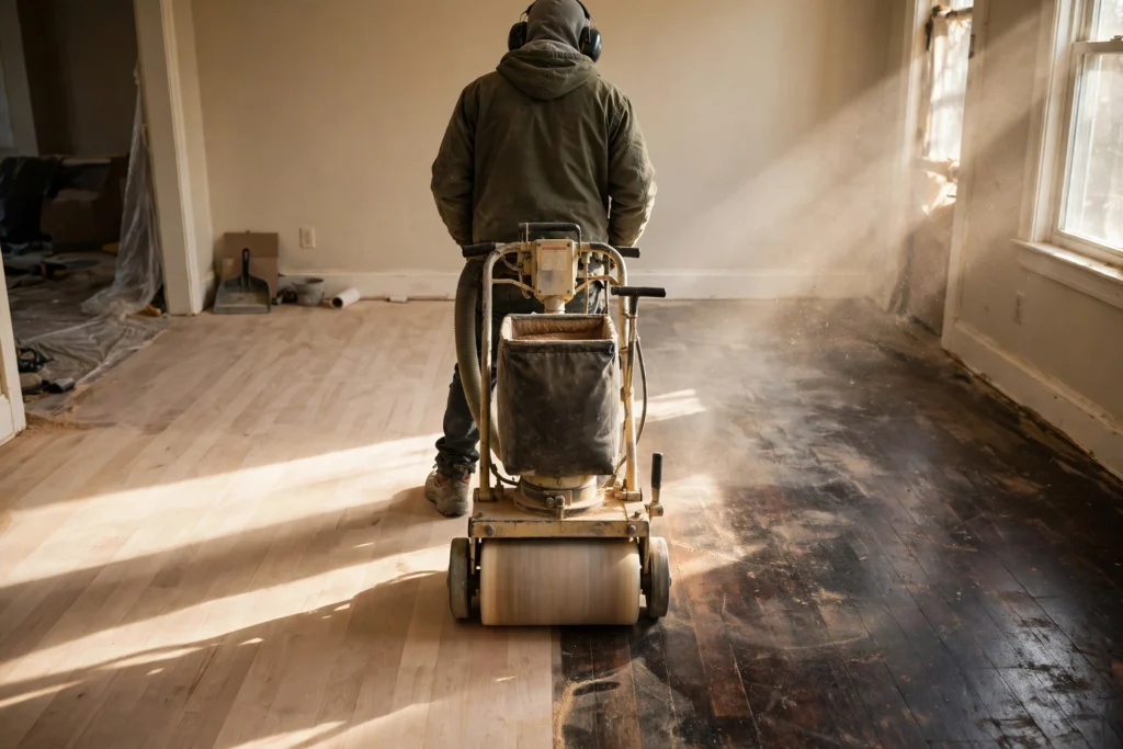 Sanding and refinishing a hardwood floor in a Quinte West home