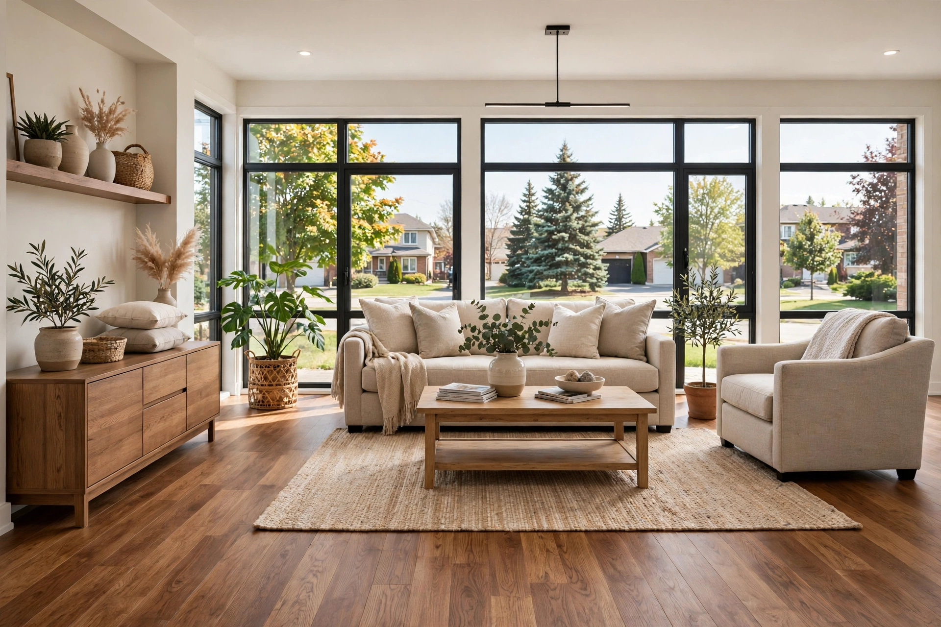 Living room with new hardwood flooring in a Quinte West home