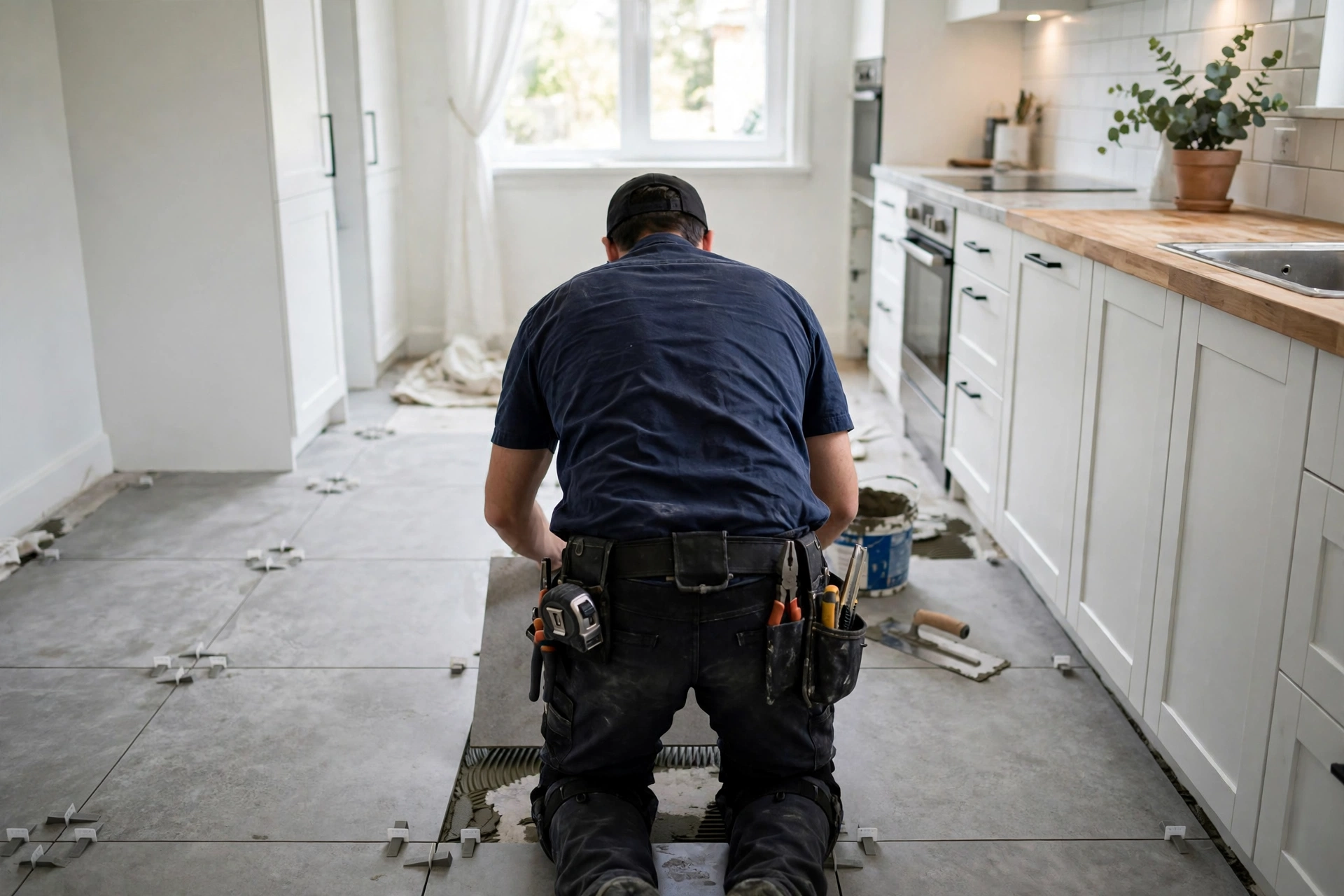 Installer laying large-format tile flooring in a Quinte West kitchen
